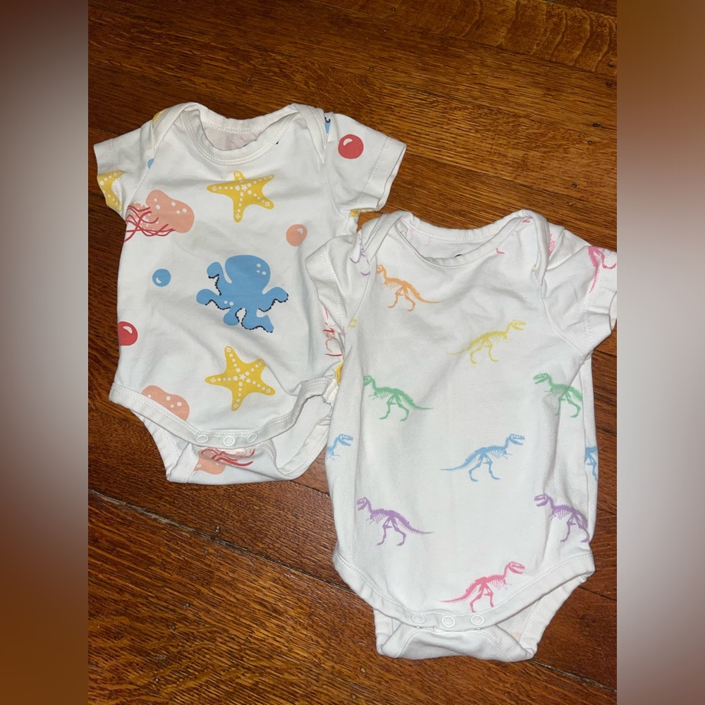 2 NB Janie and Jack rainbow T-Rex dinosaur skeleton and ocean under the sea